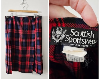 Vintage Clothing, Vintage Plaid Kilt Pleated Skirt Red and Navy Plaid Skirt Plaid Wool, Scottish Sportswear Brand Made in Scotland Ladies 18