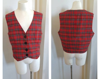 Vintage Clothing, Red Plaid Vest, Red Tartan Waistcoat Wool check Scottish Retro Heritage Folk Steampunk, Youth Size M, Ladies S