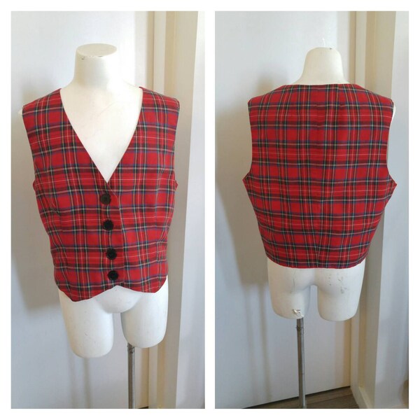 Vintage Clothing, Red Plaid Vest, Red Tartan Waistcoat Wool check Scottish Retro Heritage Folk Steampunk, Youth Size M, Ladies S