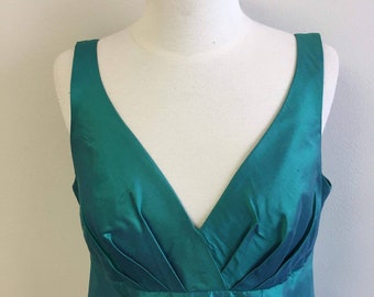 Vintage Clothing, 1950s 1960s Vintage Dress, Green Silk Formal Dress Sleeveless Silk Taffeta Empire Waist A-Line Skirt, Ladies Size Medium