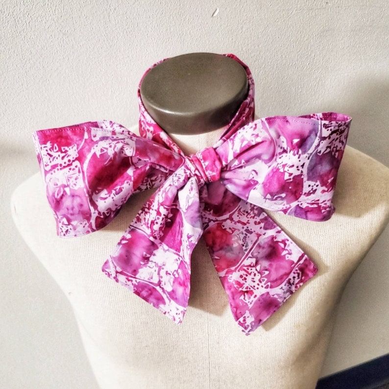 Upcycled Steampunk Clothing, Mad Hatter Bow Tie Alice in Wonderland Purple Batik Cotton Print Neck Tie, White Rabbit Handmade Bow Tie image 1