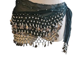 Vintage Belly Dance Jingle Belt, Dark Green Hip Scarf Wrap Belt Tribal Sash Skirt, Coin Belt Bohemian Dance Accessory Dark Green Sash Skirt