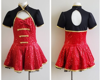 Vintage Dance Costume, Vintage Costume, Red and Black Stretch Velvet Dress, Black Tulle Underskirt, Gold Trim and Buttons, Youth Size Large