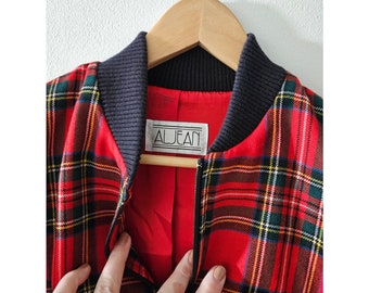 Vintage Clothing, Ladies Wool Plaid Bomber Style Cropped Jacket, Vintage Aljean Brand, Red Plaid, Made in Canada, Ladies Size ML