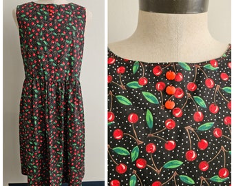 Vintage Clothing, 1950s Style Dress, Black Cotton Cherry Print Dress, Sleeveless, Pullover, A-Line Skirt, Drop Waist, No Label  Ladies XL