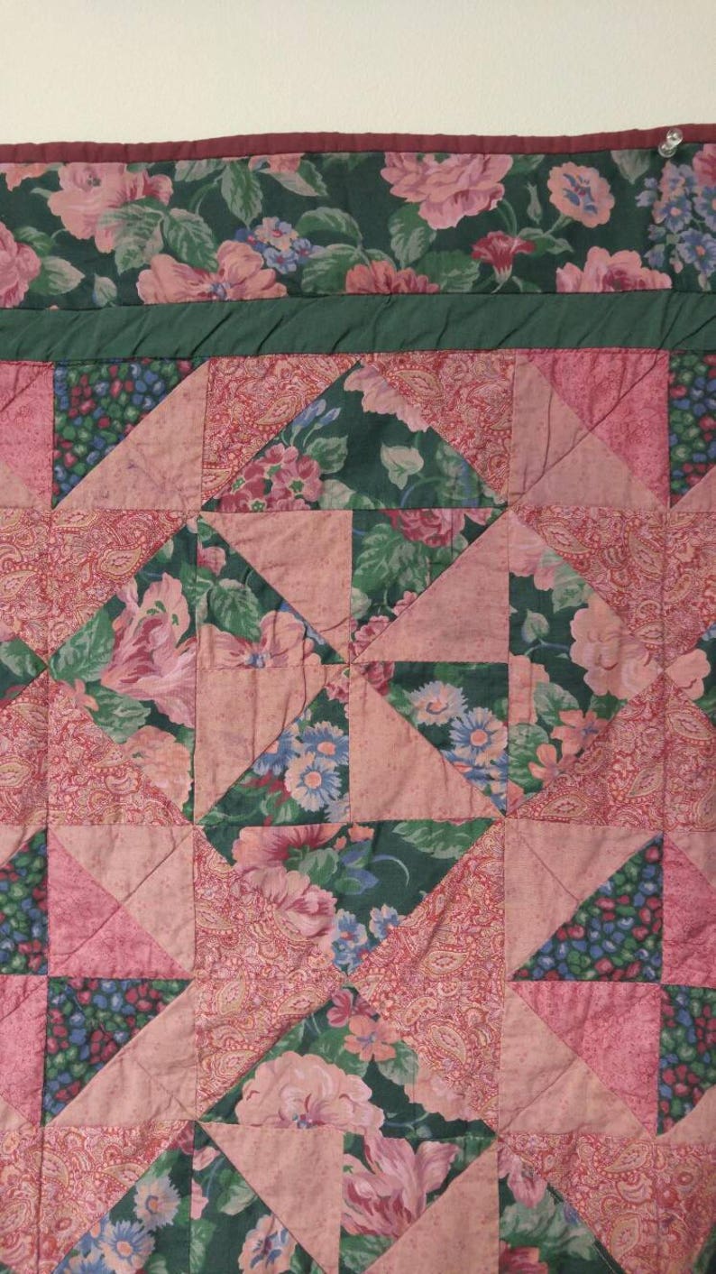 Cotton Plum and Dark Green Hand Dyed Dark Plum 52.5 inches X 66 inches Wedding Quilt Vintage Quilt Patchwork Double Size Quilt Block