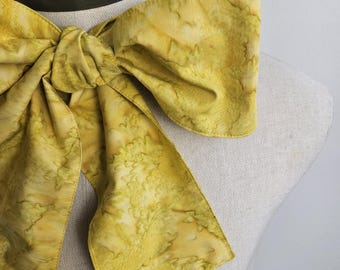 Upcycled Steampunk Clothing, Mad Hatter Bow Tie, Cotton Bow Tie, Yellow Batik Print Fabric, Alice in Wonderland, Tim Burton