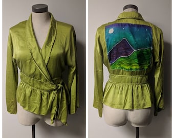 Upcycled Steampunk Clothing, Lime Green Silk Kimono Blouse with Hand painted Silk Square Panel Appliqued to Back, Long Sleeved, Ladies Large