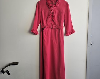 Vintage Clothing, 1960s 1970s Hot Pink Polyester Evening Dress, Vintage Bridesmaid Dress Venus Original Brand Montreal Ladies Size Large