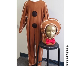 Upcycled Gingerbread Man Costume - Made from reclaimed fabrics, Youth Size and Adult Size Custom made