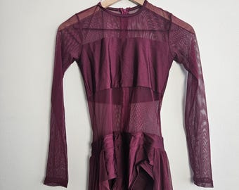 Vintage Dance Costume, Red Lycra Dance Costume, Dark Red Stretch Lycra L/S Bodysuit with Attached Skirt, Long Sleeved Adult Small