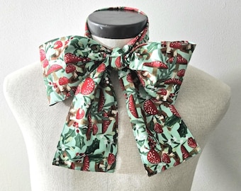Upcycled Steampunk Clothing, Mad Hatter Bow Tie- Alice in Wonderland (Red Mushroom Print) Neck Tie, Handmade Bow Tie