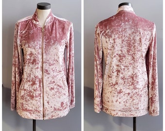 Vintage Clothing, Ladies Pink Velvet Jacket, Guess Brand Vintage Light Pink Velvet Jacket, Front Zipper Elastic Cuffs Ladies Size Medium