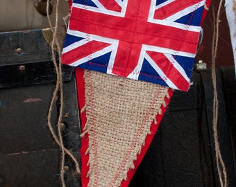 Upcycled ENGLAND Burlap Banner Red, White and Blue (with Felt Backing) Rustic Union Jack Eco-Friendly Home Decor