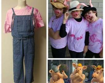 Upcycled Shrek the Musical Three Little Pigs Costume, Pink T-Shirt, Denim Overalls, Hat with Pink Felt Ears, Rubber Pig Nose, Youth Size 8