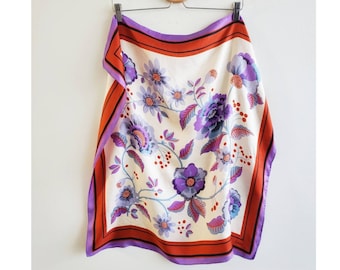 Vintage Scarf, 1990's, Purple Silk Scarf, Vintage Lilac Purple, Rust Brown and Cream Scarf, Boho Scarf Gypsy Scarf 100% Silk 26 x 26 inches