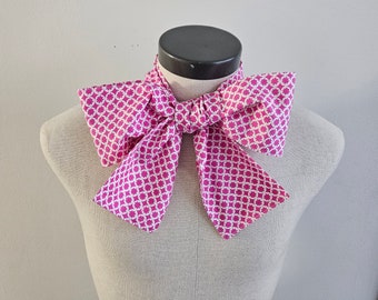 Upcycled Steampunk Clothing, Mad Hatter Bow Tie- Alice in Wonderland (Hot Pink and White Cotton Print) Cotton Neck Tie, Handmade Bow Tie