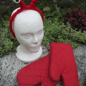 Upcycled Clothing Lobster Costume Alice in Wonderland, Red T-Shirt, Headpiece with Eyes and Red Mitts, Youth Size image 2