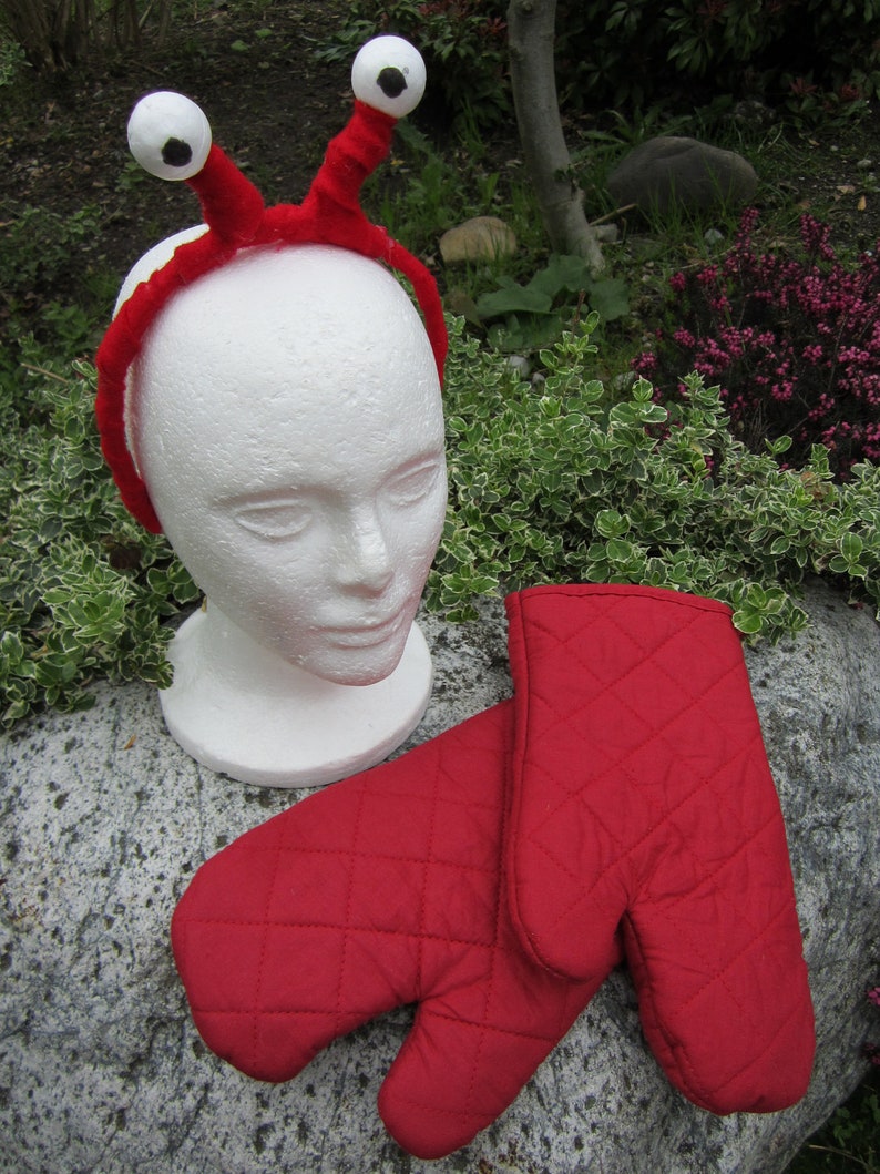 Upcycled Clothing Lobster Costume Alice in Wonderland, Red T-Shirt, Headpiece with Eyes and Red Mitts, Youth Size image 2