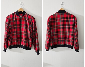 Vintage Clothing, Ladies Wool Plaid Bomber Style Cropped Jacket, Vintage Aljean Brand, Red Plaid, Made in Canada, Ladies Size ML