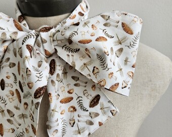 Upcycled Steampunk Clothing, Mad Hatter Bow Tie- Alice in Wonderland (White with Brown Mushroom Print) Neck Tie, Handmade Bow Tie