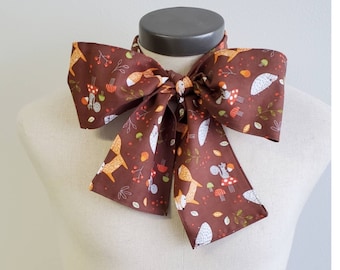 Upcycled Steampunk Clothing, Mad Hatter Bow Tie- Alice in Wonderland (Brown Cotton Woodland Animal Print) Neck Tie, Handmade Bow Tie