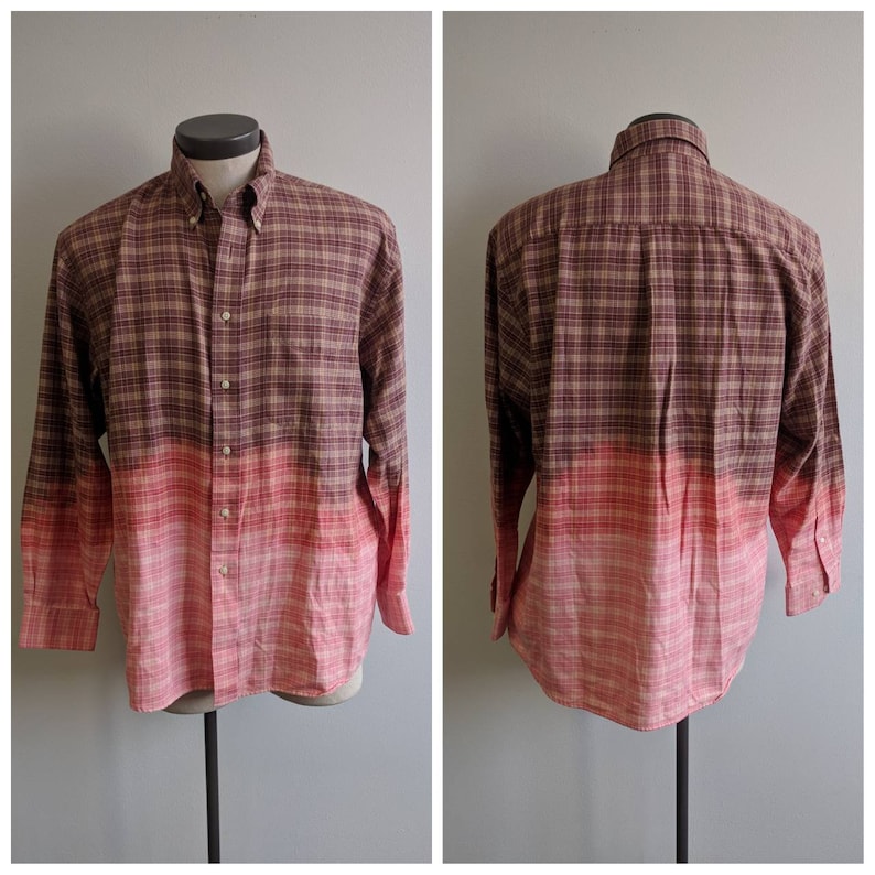 Shabby Chic Reclaimed Button-up Shirt Grunge Shirt Men/'s Large #150 Upcycled Clothing Brown Bleach Dyed Dip Dyed Brown Plaid Shirt