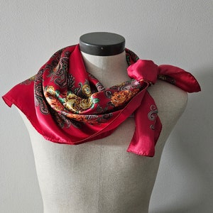 Vintage Scarf, 1960's, Red Rose Print Satin Scarf, Vintage Ladies Kerchief Scarf, 100% Polyester 36x36 inches image 1