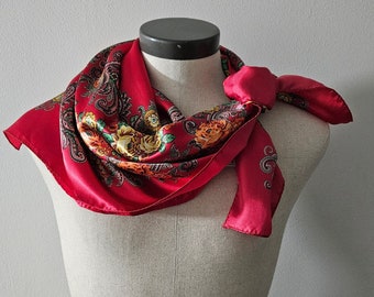 Vintage Scarf, 1960's, Red Rose Print Satin Scarf, Vintage Ladies Kerchief Scarf, 100% Polyester 36x36 inches