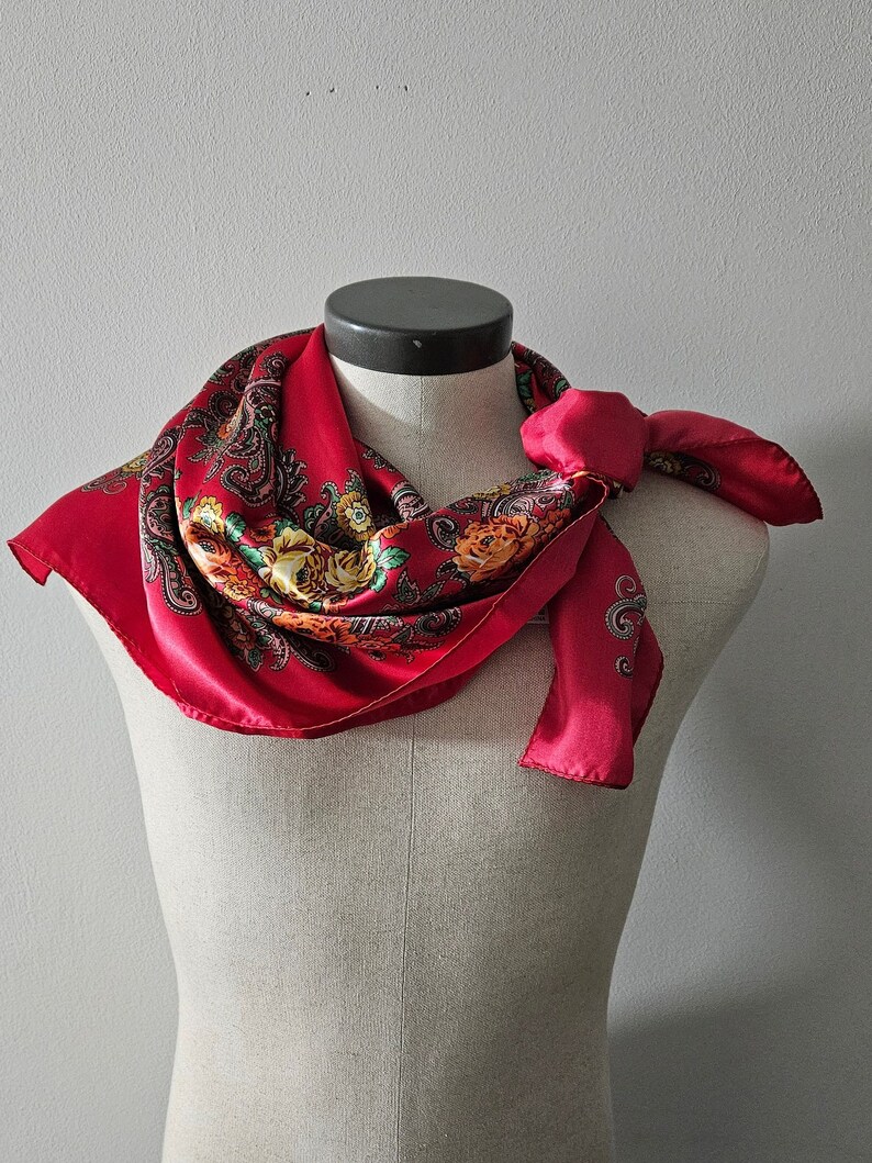 Vintage Scarf, 1960's, Red Rose Print Satin Scarf, Vintage Ladies Kerchief Scarf, 100% Polyester 36x36 inches image 1
