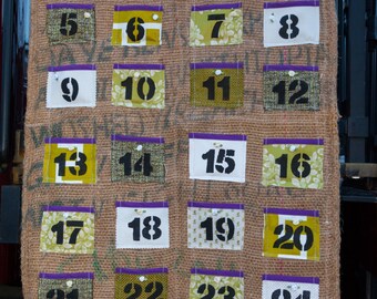 Upcycled Burlap Custom Advent Calendar (White, Lime Green and Purple) Rustic Christmas Eco-Friendly Home Decor