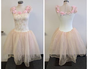 Vintage Dance Costume Vintage Blush Pink Dance Costume with Pink Tulle Skirt and Pink Flowers around Neckline Dance Costume Youth Size Large