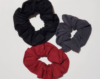 Upcycled Linen Hair Scrunchies, 3 Pack Linen Scrunchies, Made from reclaimed Linen Shirts, One of each Black, Burgundy and Charcoal Grey