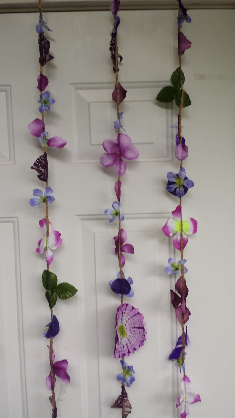 Upcycled Leaves Garland Doorway Curtain Purple Flowers Handmade Leave Backdrop Wedding Graduation Birthday Handmade Green Recycled image 4