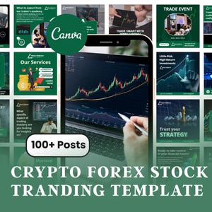 Könnte beinhalten: Eine Sammlung von Social-Media-Posts in Grün und Weiß, die eine Vorlage für Krypto-, Forex- und Aktienhandel bewerben. Das Bild zeigt einen Laptop-Bildschirm mit einem Aktienchart sowie den Text "100+ Posts" und "Crypto Forex Stock Tranding Template."