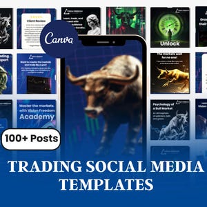 Könnte beinhalten: Eine Sammlung von Social-Media-Vorlagen für den Handel, die Bilder von Bullen, Diagrammen und Finanzkonzepten zeigen. Die Vorlagen sind für die Verwendung mit Canva konzipiert und enthalten den Text "Trading Social Media Templates" und "100+ Posts".
