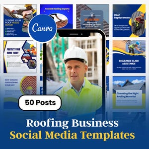 Könnte beinhalten: Eine Sammlung von Social-Media-Vorlagen für ein Dachdeckerunternehmen. Das Bild zeigt einen Mann mit Helm und Sicherheitsweste, umgeben von verschiedenen Marketinggrafiken. Der Text enthält "Roofing Business" und "50 Posts".
