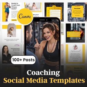 May include: A promotional image for Canva featuring social media templates for coaching. The image includes a woman in athletic wear pointing, surrounded by various templates with text like "Ready to Crush Your Fitness Goals?" and "Coaching isn't therapy."