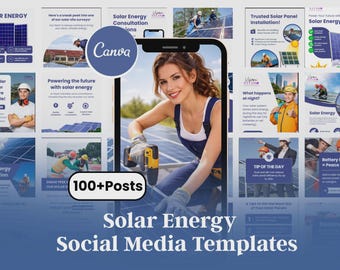 Instagram-sjablonen voor zonne-energie (Canva), Facebook-berichten over zonnepanelen, socialmediakit voor hernieuwbare energie