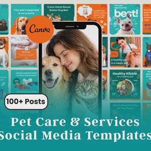 Puede incluir: Imagen promocional para el cuidado y los servicios de mascotas, con una mujer con un golden retriever y un gato. La imagen incluye varias plantillas de redes sociales con temas relacionados con mascotas, como camas para perros, comida y consejos para el cuidado de mascotas.