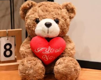 Precioso osito de peluche romántico con corazón rojo y rosa, muñeco de oso suave y adorable que sostiene flores, decoración para el hogar.