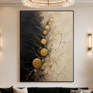 Black, Beige and Gold Abstract Oil Painting, Kintsugi-Inspired Textured Canvas, Large Modern Wall Art for Living Room and Entryway