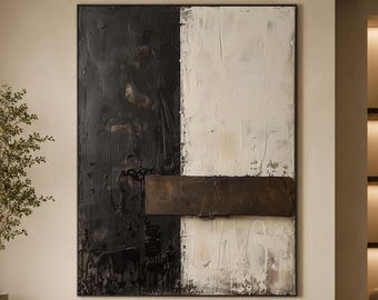 Black Cream Geometric Oil Painting, Brown Textured Wall Art, Modern Handmade Canvas for Living Room Decor