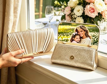 Custom Wedding Photo Clutch Purse, Personalized Bride Clutch, Customized Photo Handbag for Bridal Shower Gift, Anniversary Keepsake Bag
