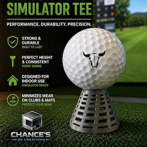 May include: A white golf ball with a black bull graphic sits atop a gray 3D-printed tee. The tee is designed for indoor golf simulators. Text on the image reads "INDOOR GOLF SIMULATOR TEE" and "ELEVATE YOUR INDOOR GAME."