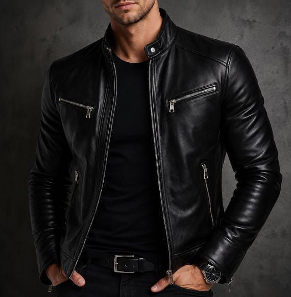 Handmade Men's Black Genuine Leather Biker Jacket – Slim Fit Moto Style Coat