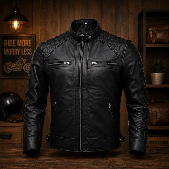 Men's Black Leather Biker Jacket, Genuine Leather Motorcycle Jacket, Vintage Motorcycle Coat, Classic Moto Jacket