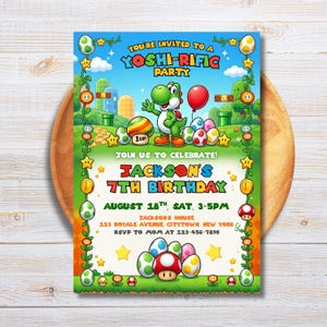 May include: A rectangular birthday party invitation featuring a green Yoshi character, colorful eggs, and a video game landscape. The text reads: YOU'RE INVITED TO A YOSHI-RIFIC PARTY, JOIN US TO CELEBRATE! JACKSON'S 7TH BIRTHDAY, AUGUST 18TH, SAT, 3-5PM.