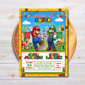 Può includere: Un invito di compleanno rettangolare con i personaggi Mario e Luigi, un castello e striscioni colorati. Il testo recita: You're invited to a Super Birthday Party, Super Marcus, Super Larren, October 14 Saturday, 123 Royale Avenue, Citytown, New York, RSVP to Mom at 123-456-7890, 3:00PM to 5:00PM.
