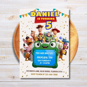 Redigerbar Toy Story 5 födelsedagsinbjudan, Toy Story födelsedagsinbjudan, utskrivbar Toy Story 5 filmen inbjudningskort, Toy Story födelsedagsfest